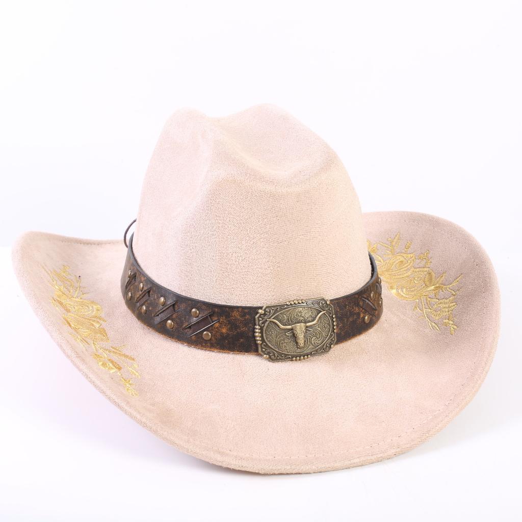 Popular European and American Classic Suede Western Cowboy Hat Men's and Women's Big Brim Embroidered Outdoor Sun Hat
