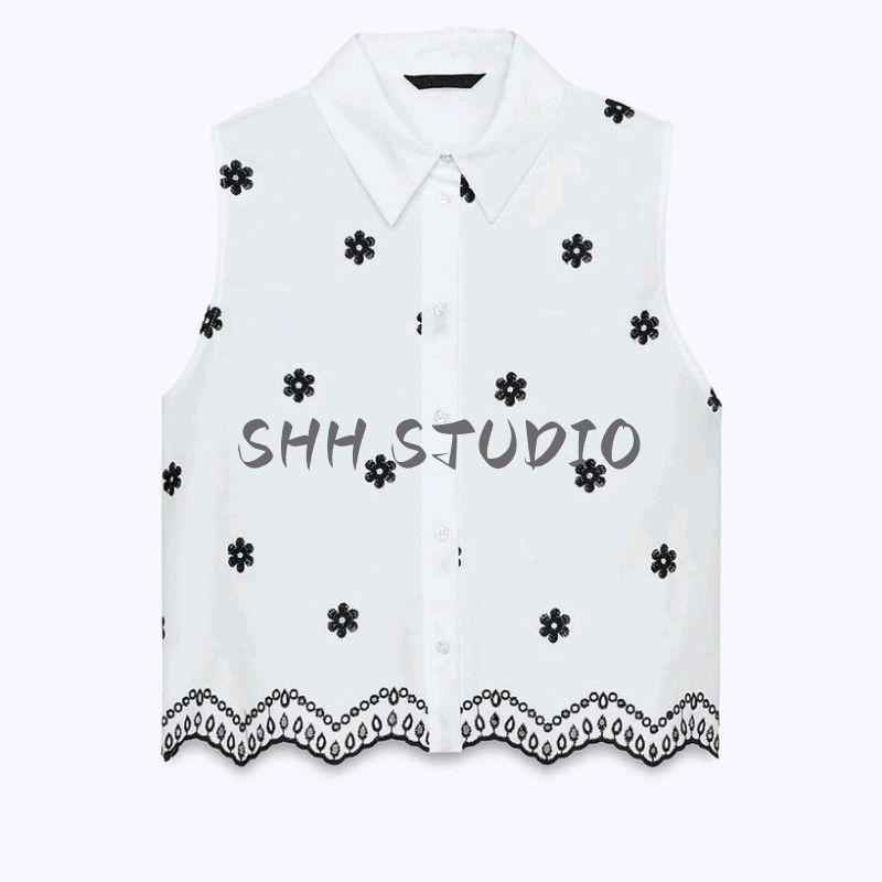 Summer New Product Women's Clothes Minimalist Flap Collar Cotton Flower Cutout Embroider Sleeveless Short Shirt 3564801