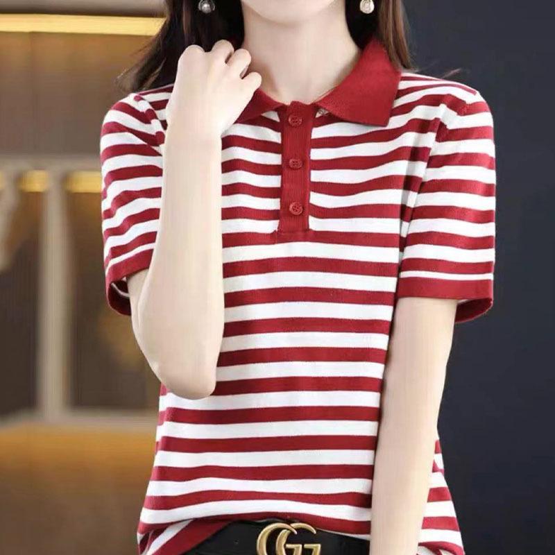 Ice Silk Striped Knitted Short-sleeved T-shirt for Women In Summer New POLO Collar Age-reducing Top Half-sleeved College Style