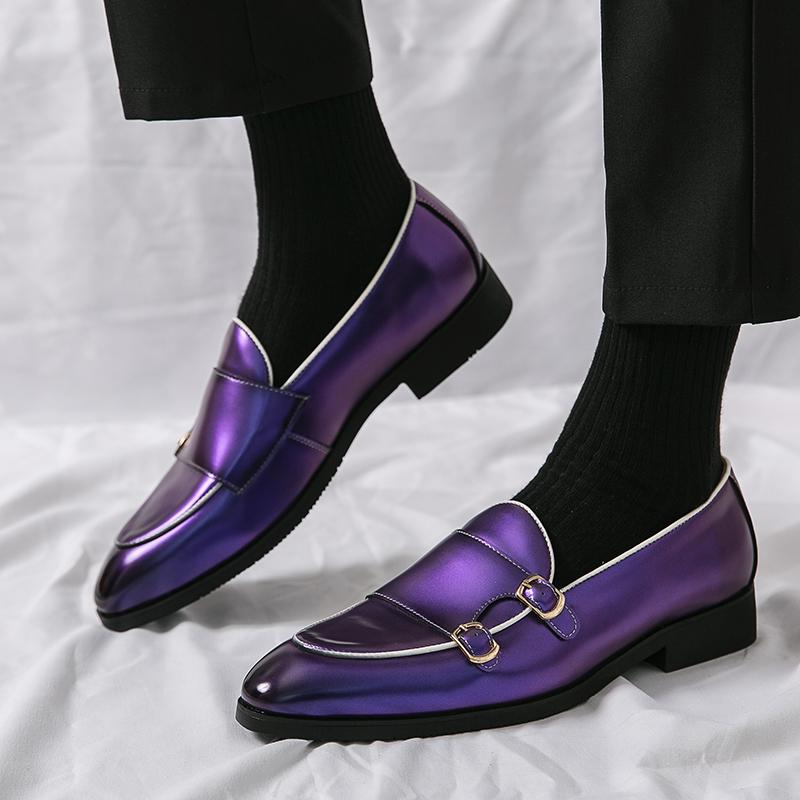 Fashion Korean Fashion Trend Men's Comfortable Casual Shoes New Cool Purple Cowhide Pointed Double Buckle Breathable Leisure Loafers