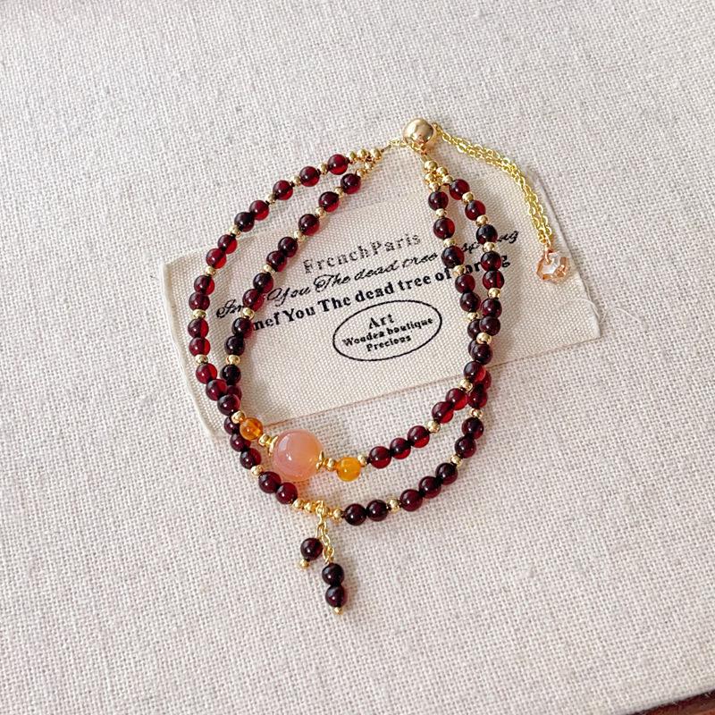 Natural Amber & Pink Sugar Heart Crystal Double-Loop Bracelet (3.5mm)