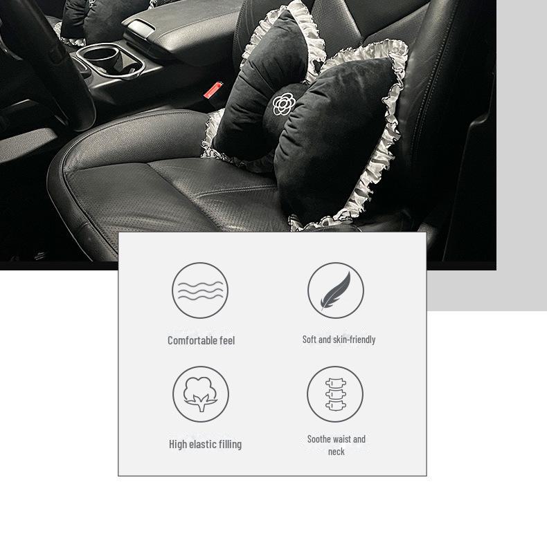 Summer Car Headrest Ventilated Comfortable Neck Pillow with Red Lace Camellia Design and Waist Support