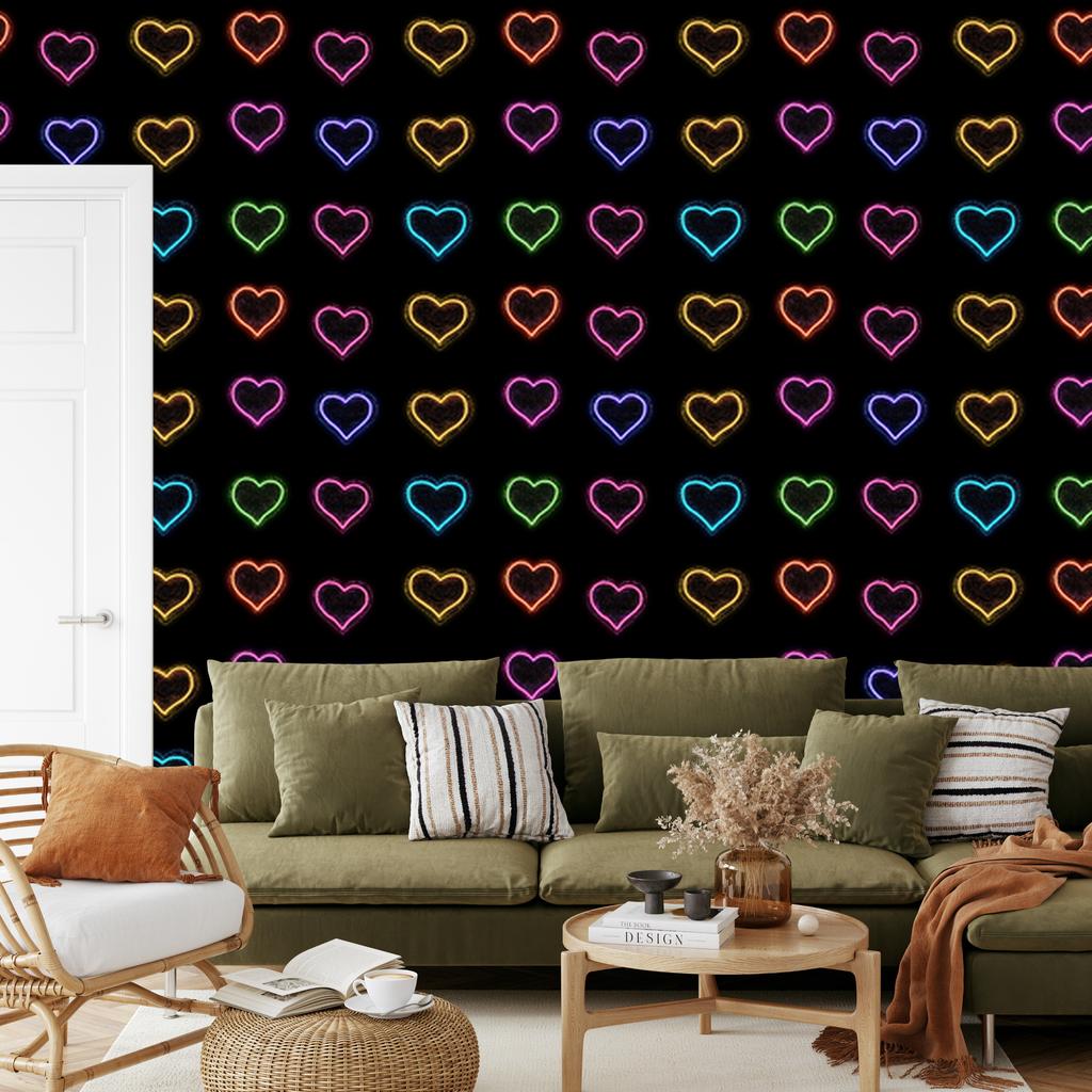 Neon Glitter Hearts Wallpaper Black and Ochre 50x1000