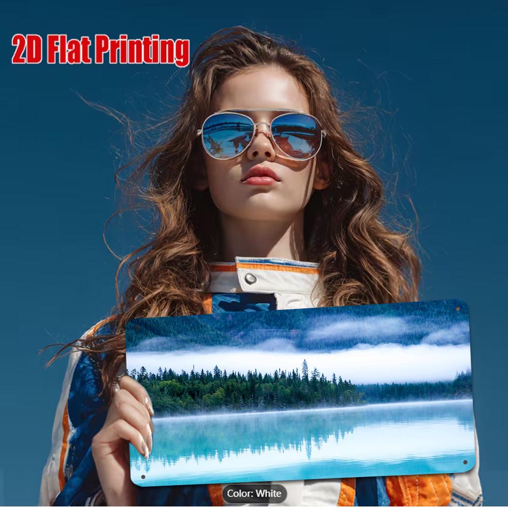 The Models Aviator Sunglasses Reflect the Exact Natural Landscape Shown On the Rectangular Print She Holds Vividly Demonstrat