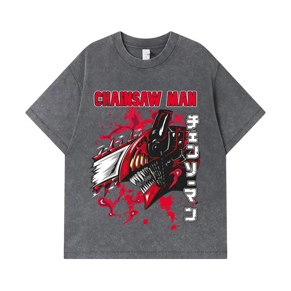 275 GSM Washed T-shirts 100% Cotton Chainsaw Man V47 Denji Print Unisex Heavy Cotton T Shirt