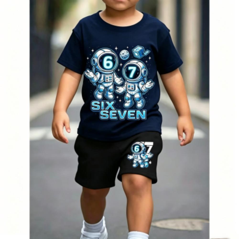 Number 67 Astronaut Fun Printed 11 Colors Kids T-shirt and Shorts 2 Piece Set Summer Home Outdoor Casual Outfit Boy and Girl's Sports Set