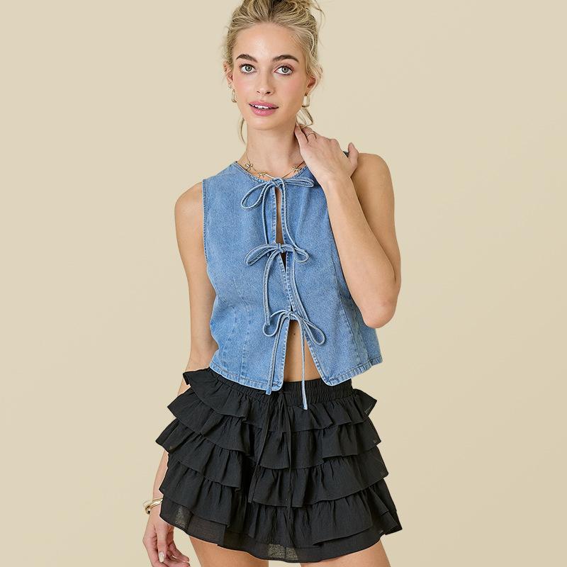 Women s Slim Fit Round Neck Sleeveless Front Tie Cropped Denim Vest Top S