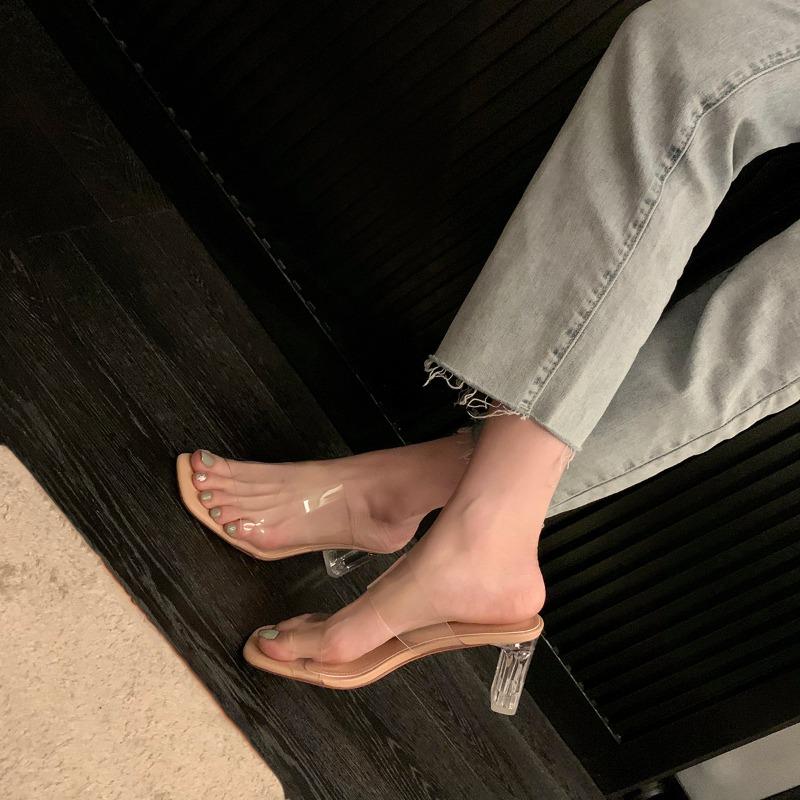 Sheepskin Slippers Transparent Word with Thick Heel High Heel Sandals Women's Summer Wear