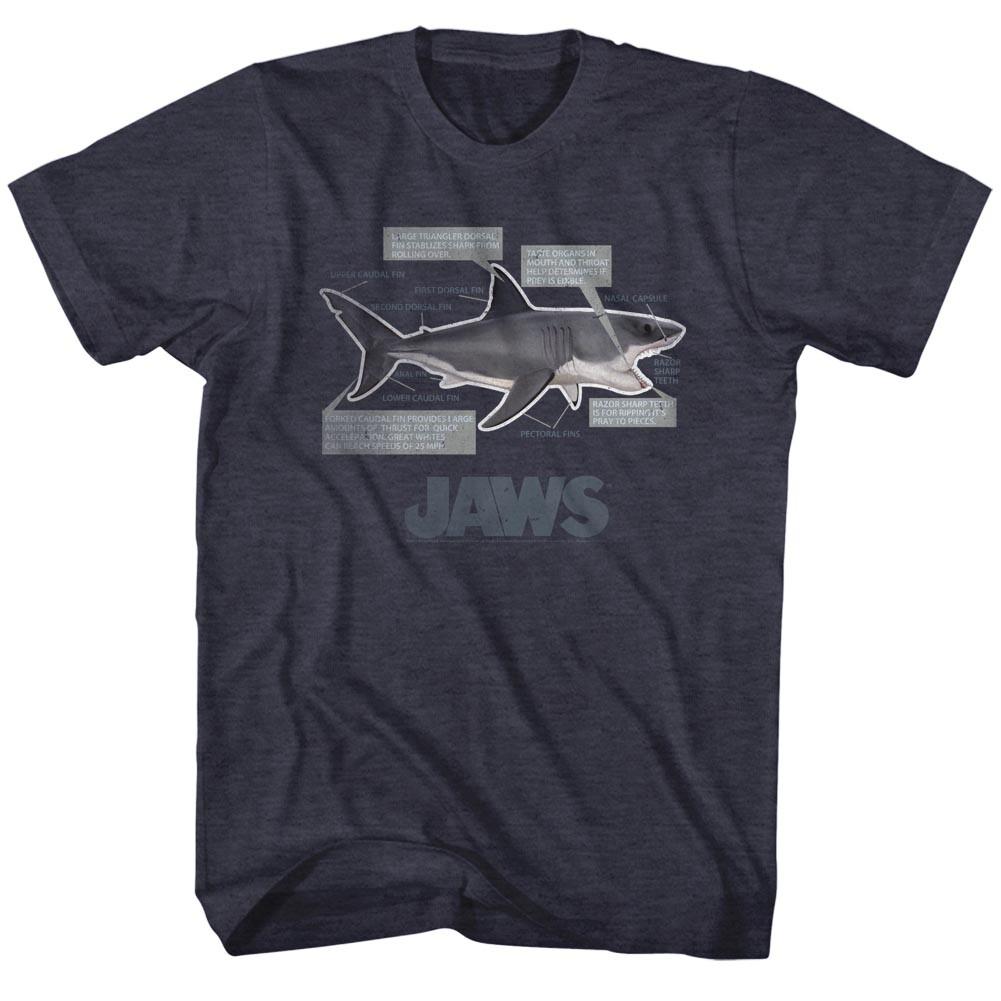 Jaws 70 Thriller Movie Great White Shark Anatomy Blue Print Men T Shirt XXL