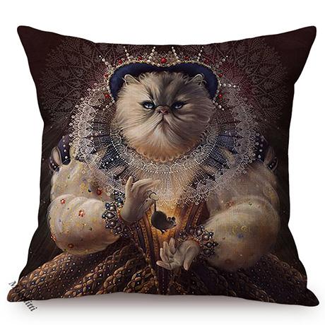 Cat Funky Animal Portrait Europe Renaissance Oil Painting Posters Style Decorative Throw Pillow Cases Linen Sofa Cushion Cover