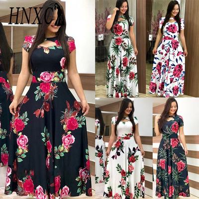Bohemian Floral Print Short Sleeve Dress Women Autumn Winter Long Dresses Round Collar Big Swing
