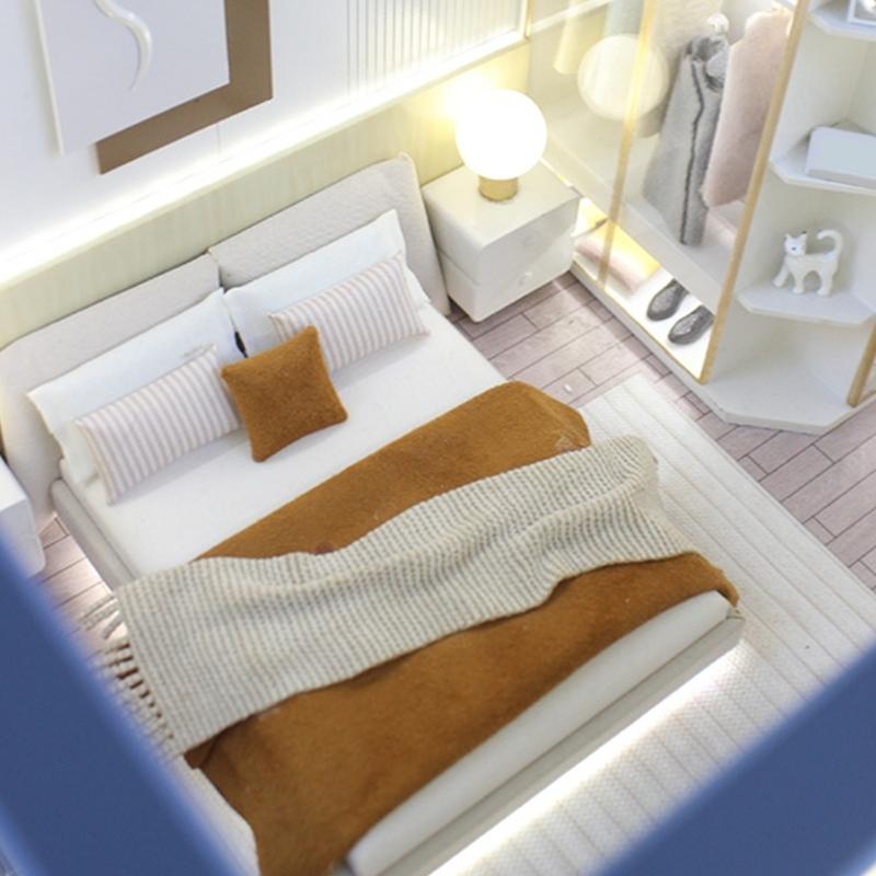 1/20 Dollhouses Bedroom Miniature Double Bed and Beddings Realistic Modern Interior Design Room Scene Display Accessory