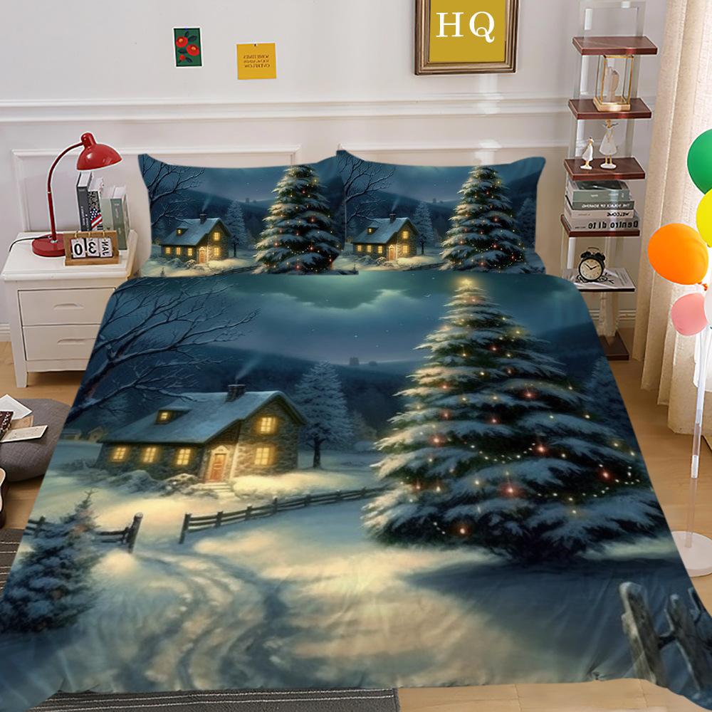 Świąteczny Nadruk Cyfrowy Druk 3D Poliestrowa Poszewka na Poduszkę Poszwa na Kołdrę Dostępny Zestaw Dwu- lub Trzyczęściowy