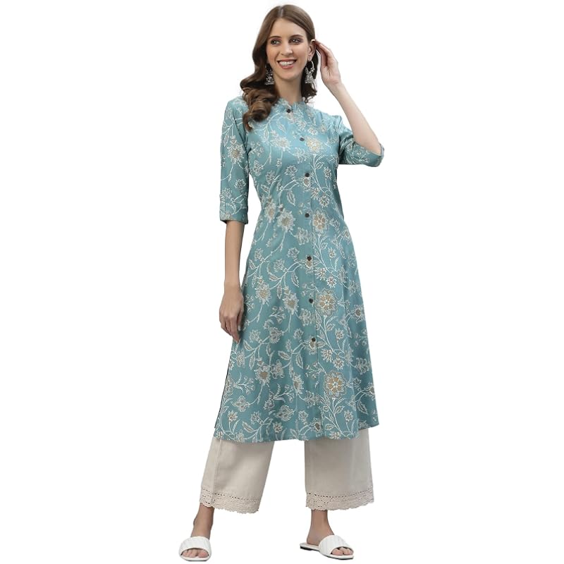 Stylum Women's Floral Print Rayon A-Line Kurta (FIONAAQUA42_Aqua, XL)