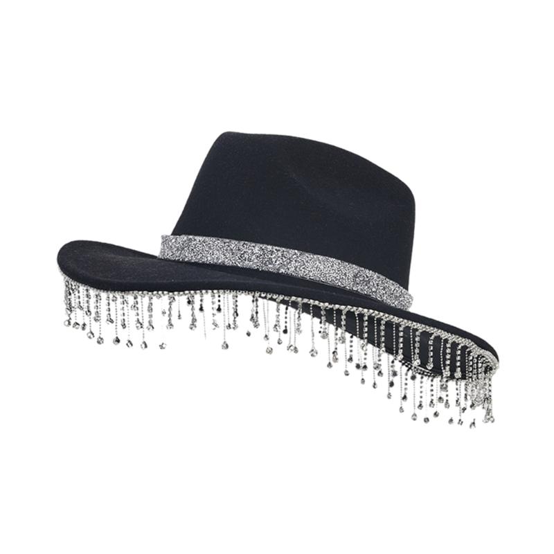 

Легкая фетровая шляпа федора для женщин и мужчин, фетровая дамская ковбойская шляпа, шляпа для вечеринки со стразами, западная шляпа для вечеринки, шляпа-боннет для мужчин, ветрозащитная шляпа чёрный