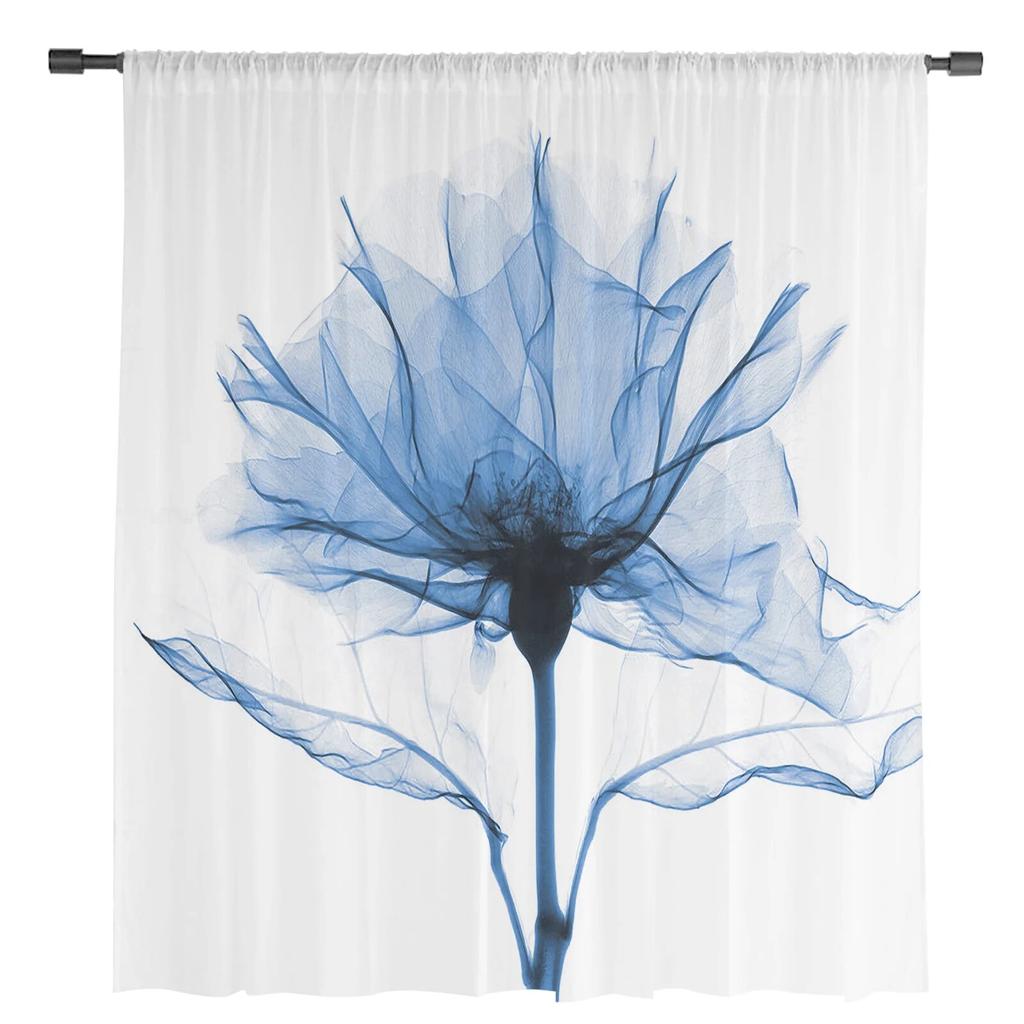 Blue Flower Abstract White Tulle Curtains for Living Room Drapes Window Sheer Modern Curtains for Bedroom Decor