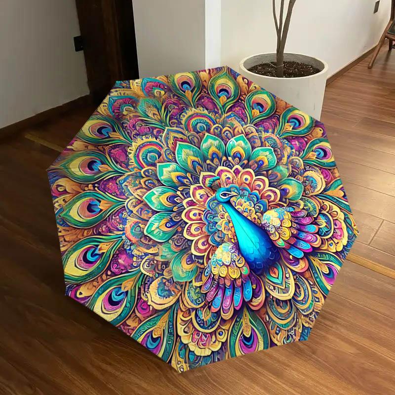 

Colorful Peacock Feather Mandala Automatic Opening Folding Umbrella - Portable 3-Fold Design with Iron Frame, Perfect for Outdoor Use, Festi