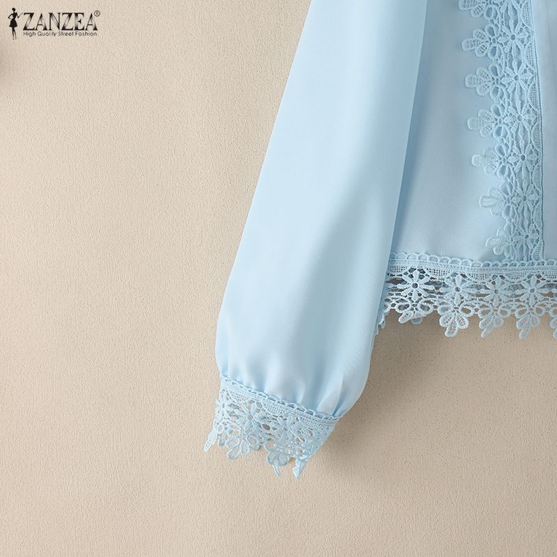 ZANZEA Women Casual Turn Down Collar Long Sleeve Lace Splice Blouse