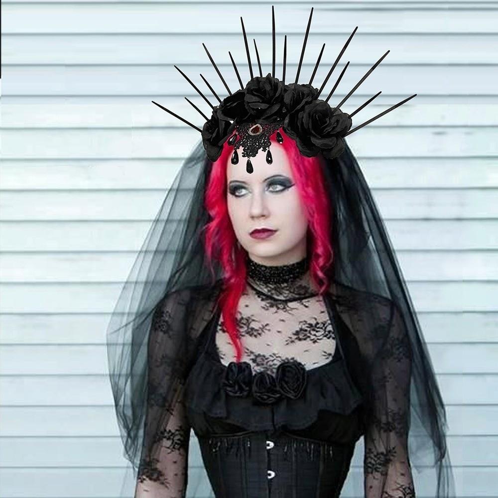 Gothic Halloween Headband Rhinestone Bride Hairband Headdress Veil Headband  Girl