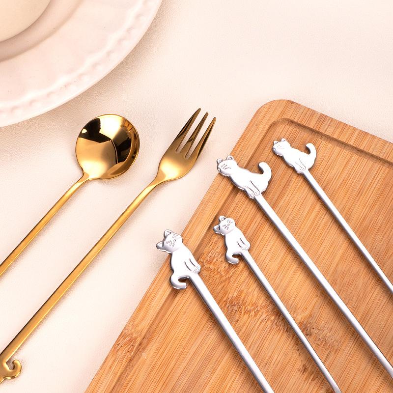 Creative Stainless Steel Tableware Cute Cat Dessert Spoon Fork Coffee Stirring Spoon Fruit Fork Mug Spoon Fork