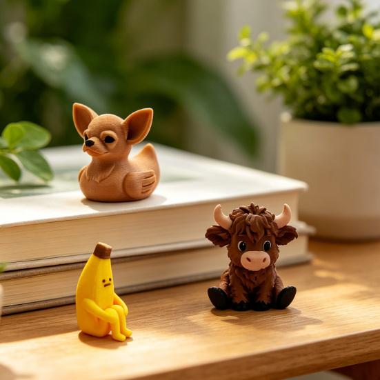 Small Duck Figurine 3D Printed Cute Turtle/Panda/Dog/Banana Duck Statue for Home Office Desk Shelf Decor