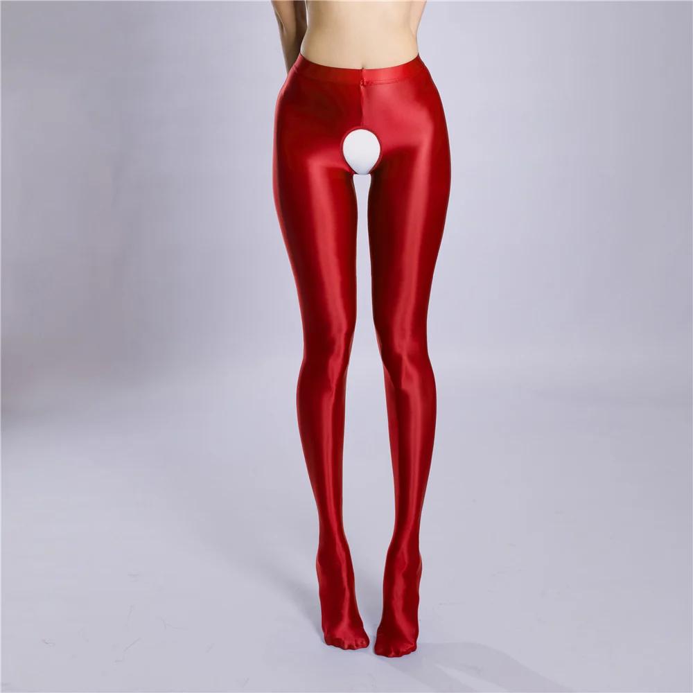 Sexy Women Crotchless Pencil Pants Elastic Glossy Shiny Slim Leg Yoga Shape Legging Tights Summer Ootd Fashion Party Dance