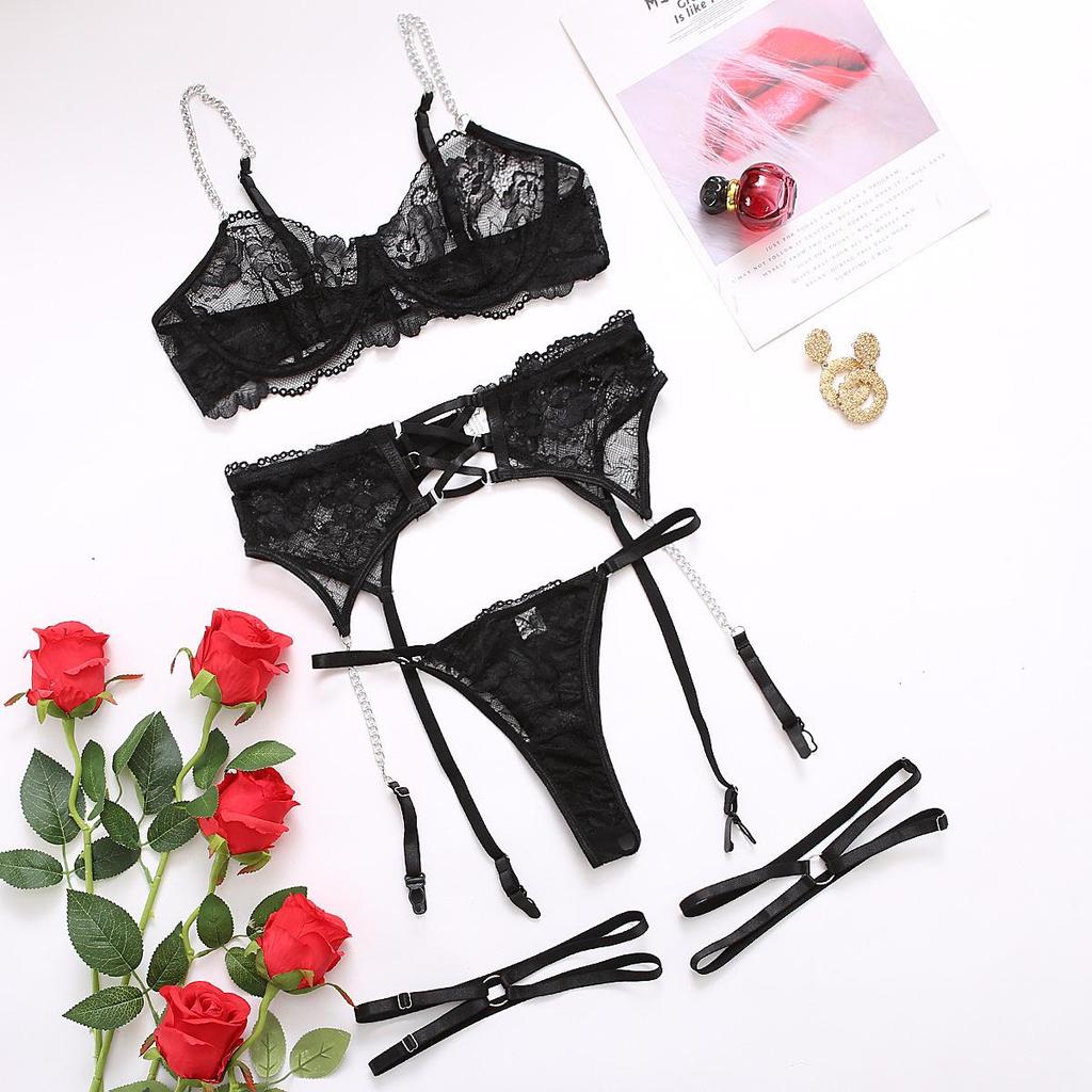 European Sexy Lingerie Set with Metal Chain, Black Lace, See-Through Design, Erotic Cool Spicy Style.