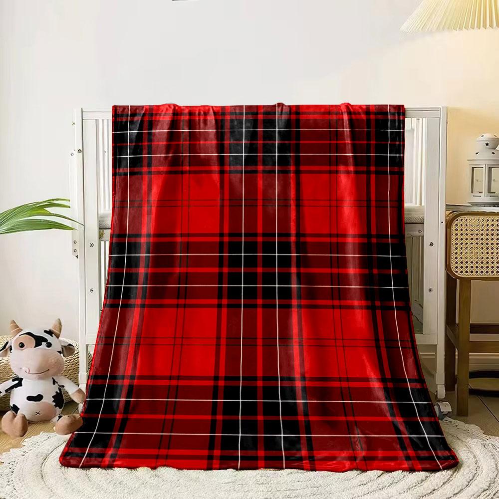 Red and black tartan pattern with white and green intersecting lines. for all seasons blanket lunch break throw gift 80cm x 120cm