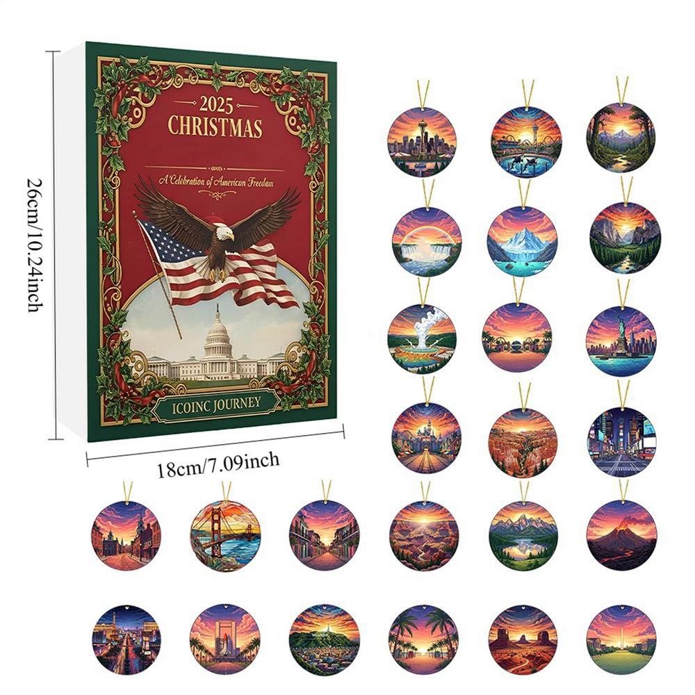 

Advent Ornament Calendar 2025 Acrylic 2D Pendant 24-Day Christmas Holiday US Landmarks Pendant Calendar For Window Door Tree Bag 2D