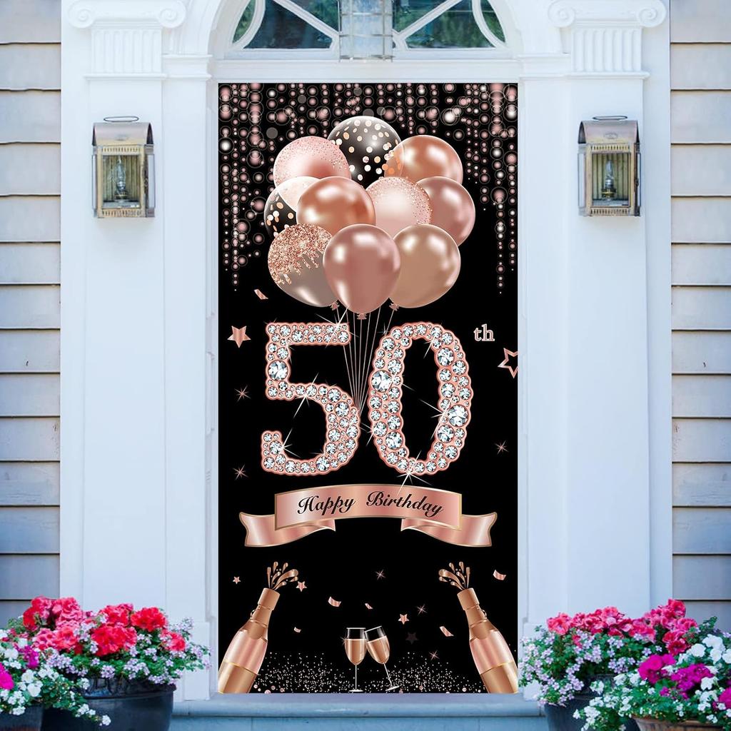 50th Birthday Door Banner Decorations for Women, Rose Gold Happy 50 Birthday Door Cover Sign Party Supplies, Fifty Year Old Bday Photo Props Decor