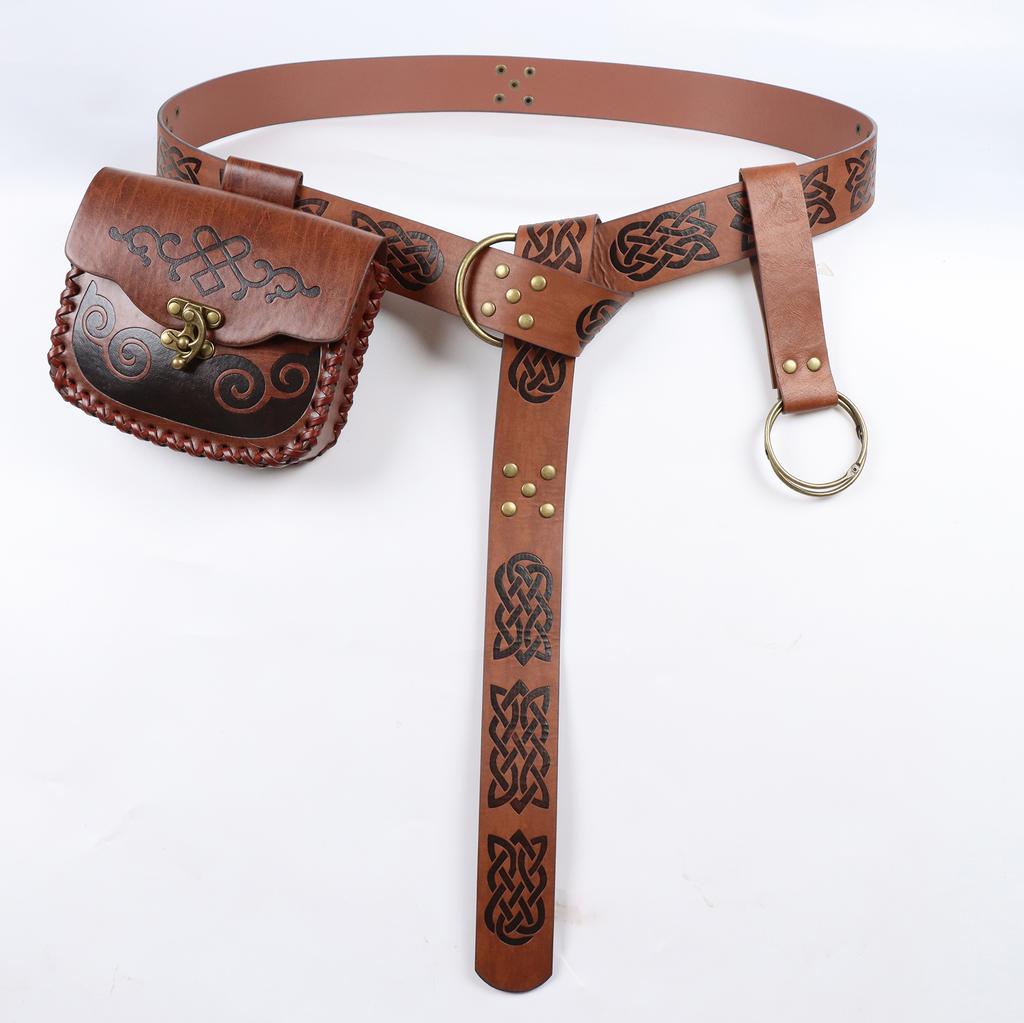 3pcs Medieval Vintage Print Belts Viking Warrior Waist Hanging Tool Fanny Pack Skirt Clip Halloween Role Play Props