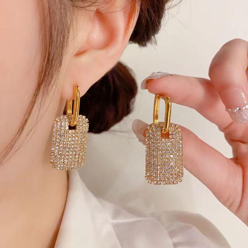 925 Silver Geometric Full Diamond Earrings - Women's Trendy Exquisite Studs