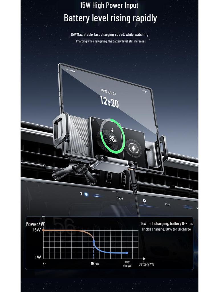 Electric Foldable Phone Holder with Wireless Charging & Clamping Arm for Horizontal/Vertical Car Mounting