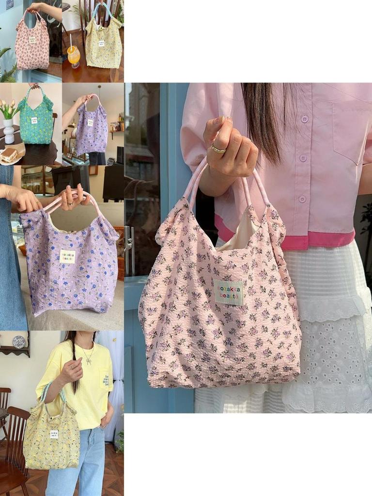 Stylish Korean Floral Print Canvas Tote Bag For Spring Summer With Large Capacity And Soft Design Ideal For Beach And Vacation Activities