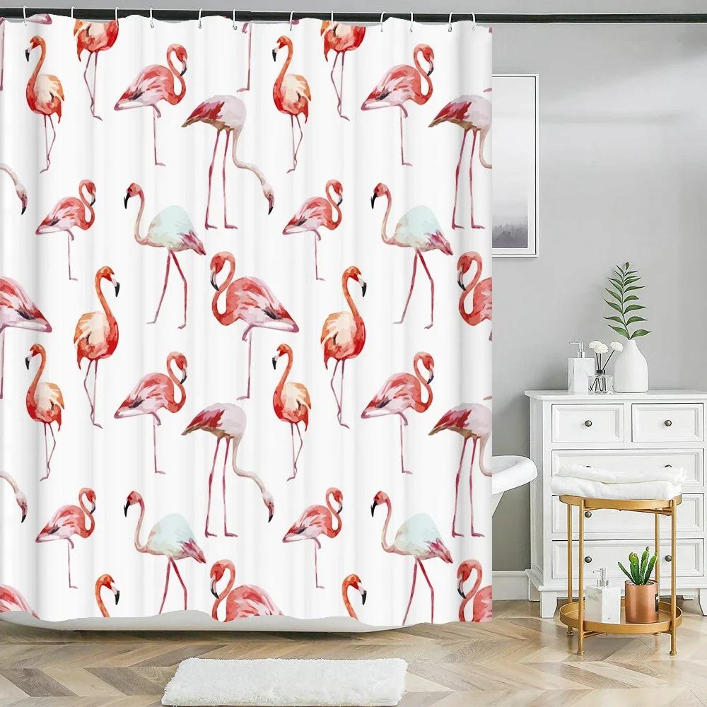 

Pink Flamingo Pattern Shower Curtains for Bathroom Tropical Plant Flower and Bird Shower Curtain Waterproof Fabric with Hooks W90xH180cm