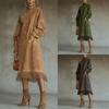 New Vintage Suede Fringed Long Sleeve Dress, European American Style High Neck Loose Midi Dress With Pockets For Women