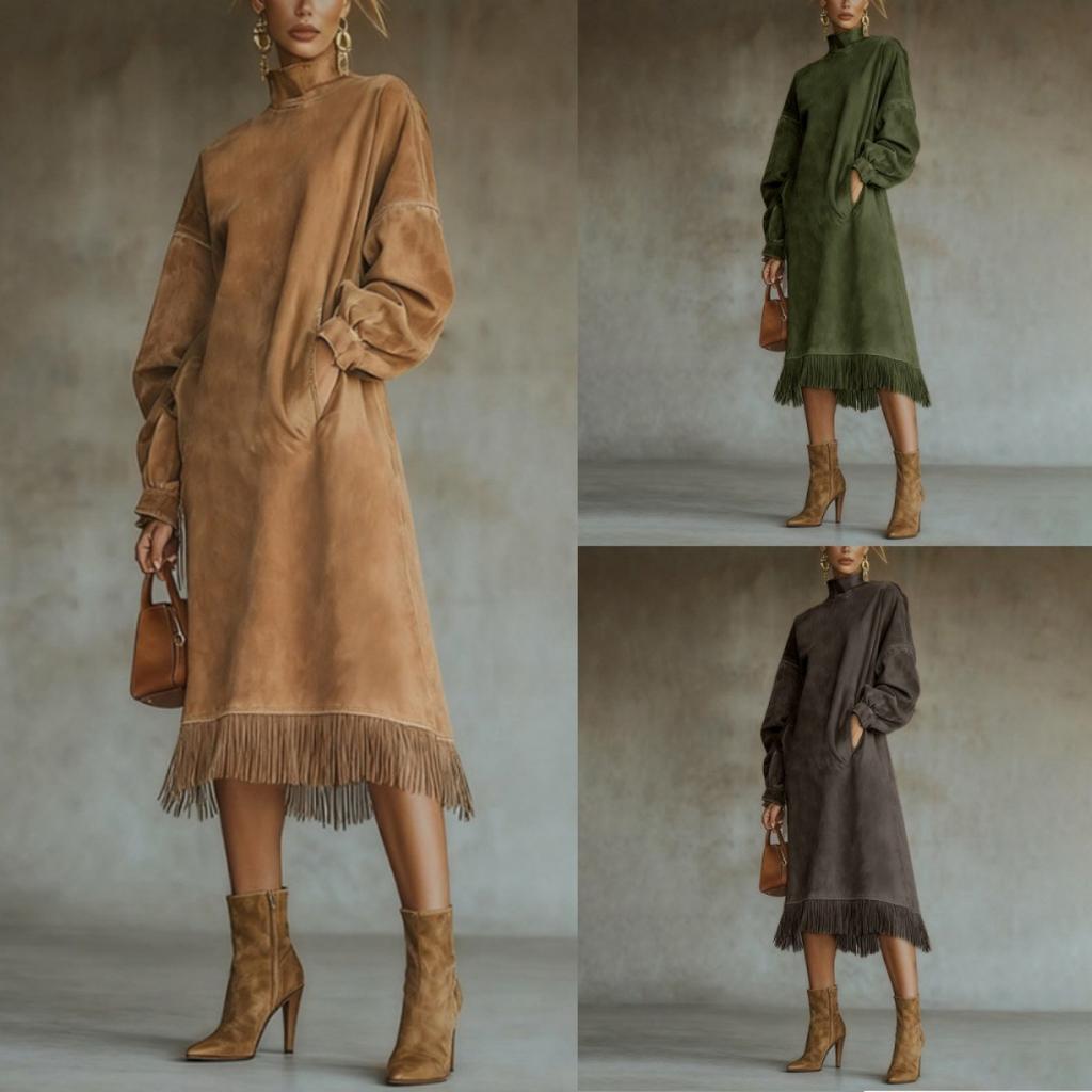 New Vintage Suede Fringed Long Sleeve Dress, European American Style High Neck Loose Midi Dress With Pockets For Women