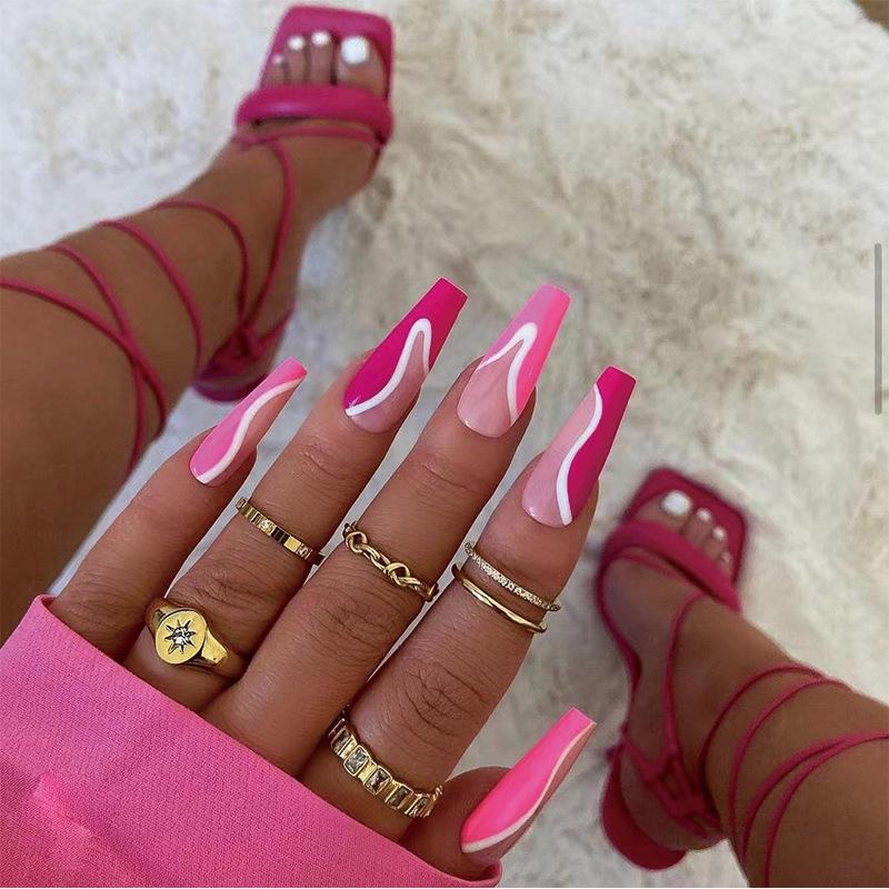 24Pcs Marble Gradient Gold Foil Long Coffin False Nails Full Cover Detachable Press On Nail Tips