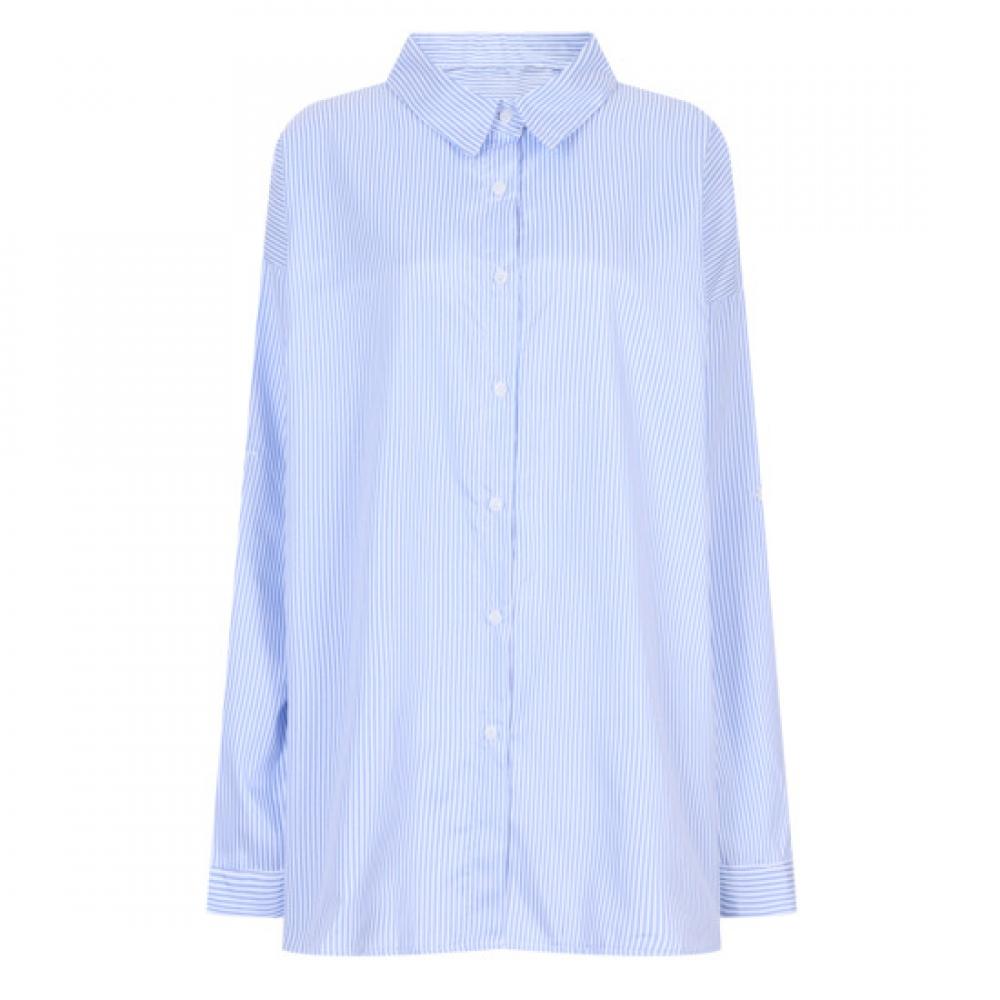 Shop   Women Collar Neck Stripe Big Size overSized Layered Shirt Sky Blue Ntt Wb