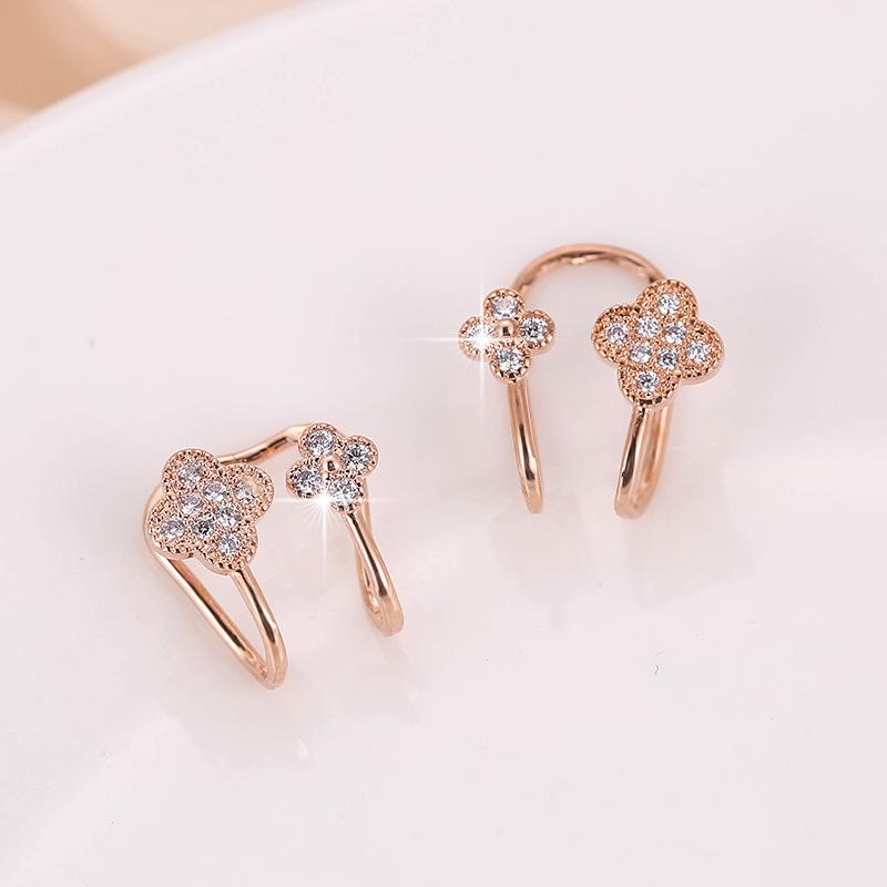 Korean Clip-on Earrings: Elegant Double Rhinestone Floral Studs & Dangles for Women розового золота