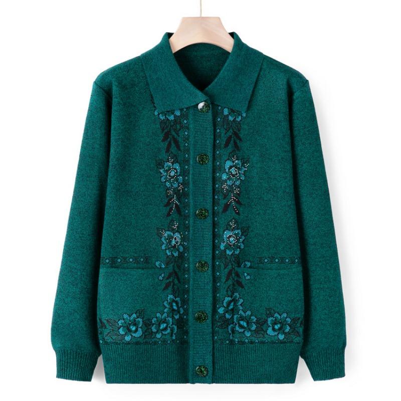 

Бабушкин осенний вязаный свитер с лацканами, кардиган для пожилых, куртка, женская, для мамы, осенне-зимняя одежда для пожилой женщины 4XL (recommended 130-72.5 kg) зелёный