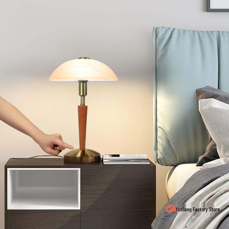 Retro American Solid Wood Glass Table Lamp for Bedroom and Living Room - Touch-Control Warm Lighting for Study