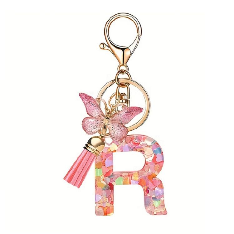Fashionable Crystal Letter Keychain Sparkling Butterfly Tassels Charm Keyring Ornament for Women Girls Accessories