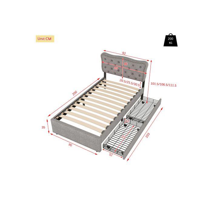 Lit - MUVOE - 90x200 Cm - Rembourré - Tiroirs De Rangement - Design Contemporain