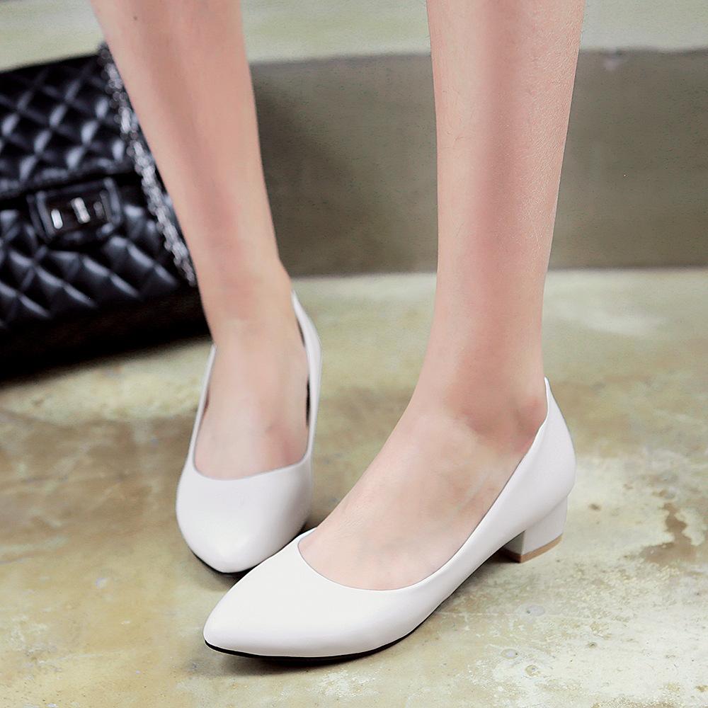 Spring Women Pumps High Quality Low-heel Women Shoes Comfortable Office Pointed Toe Slip-on Ladies Chunky Heels Pumps 32-48