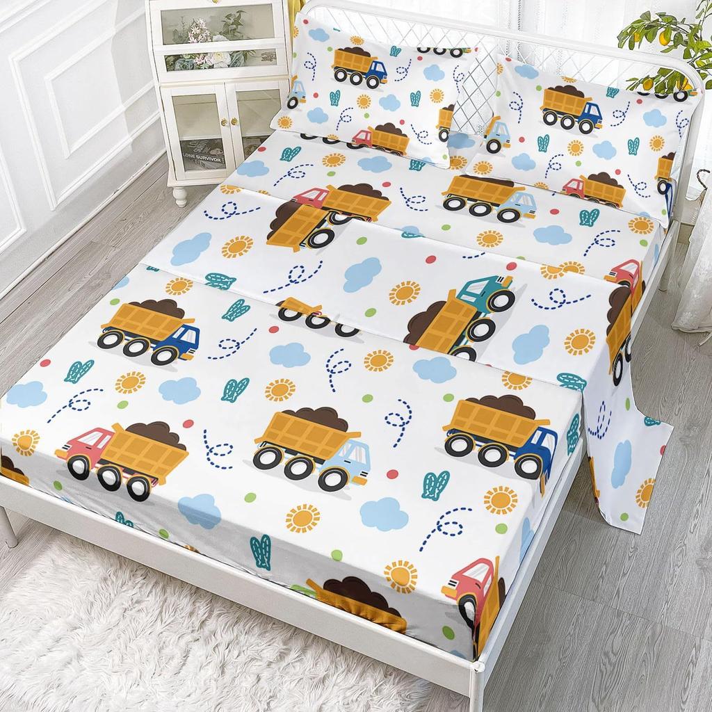 Cartoon Car Taxi Pattern Bed Hat Four-Piece Bedding Set Bedroom Dormitory Bedding Decoration