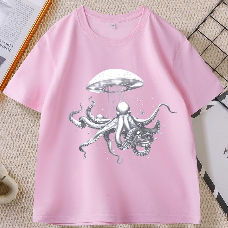 Vintage Octopus Ufo T-Shirt Cool Alien Octopus TShirt Unisex WOMEN Fashion Adult Baggy Tee Casual Breathable Loose Round Neck Tee