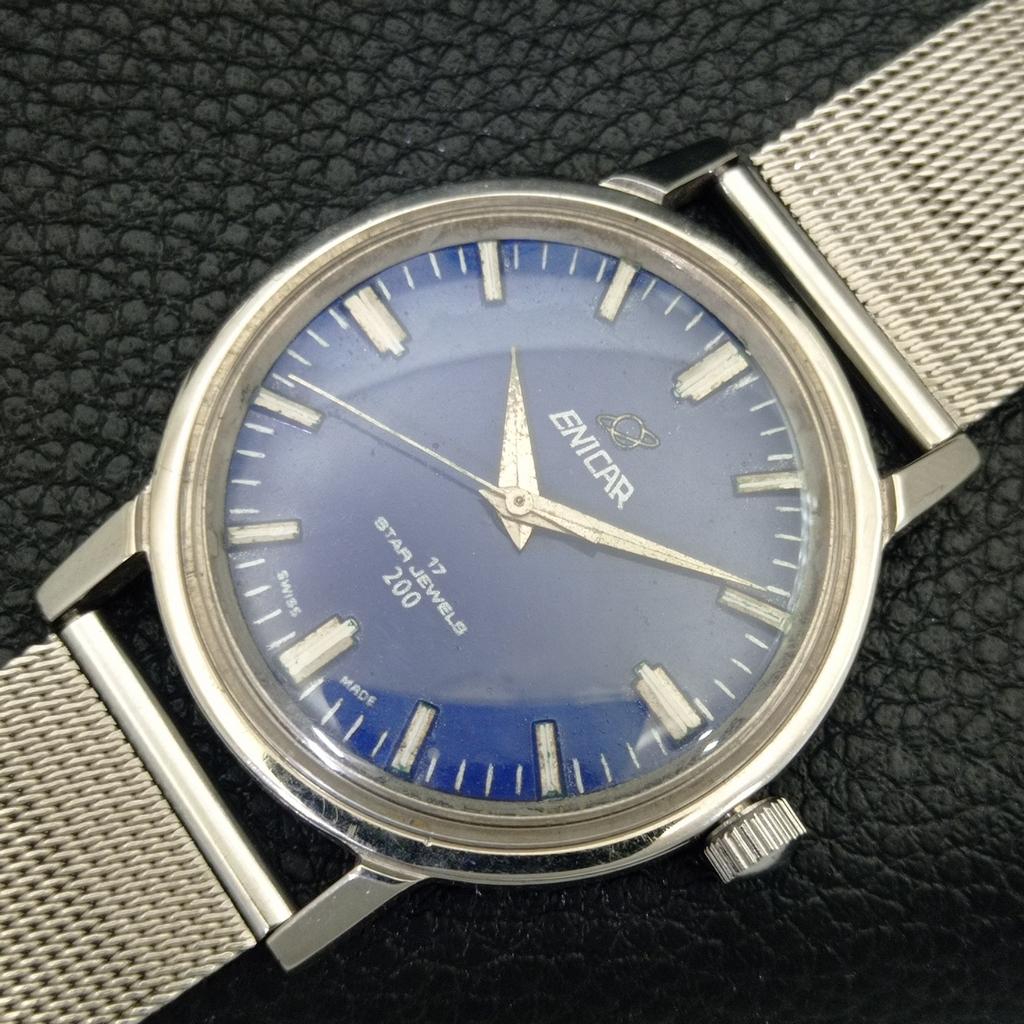 VINTAGE ENICAR STAR JEWELS HAND-WINDING 160 SWISS MENS BLUE DIAL WATCH a703862-1 R213f-a703862
