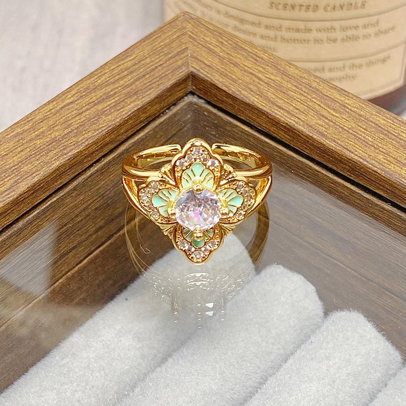 Medieval Vintage Colored Enamel Flower Butterfly Opening Ring Female Retro Niche High-End Light Luxury Ring