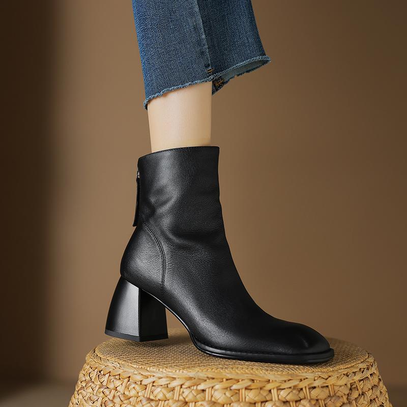Stručné Retro Dámské Kotníkové Boty s Kulatou Špičkou Podzim Zima Pravá Kůže Silný Vysoký Podpatek Základní Boty pro Office Lady Žena 2024 Nové